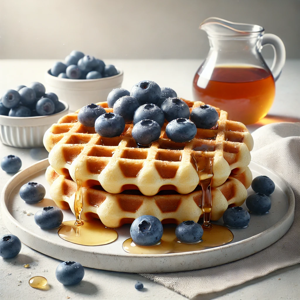 DALL·E-2024-10-29-09.53.57-A-photorealistic-high-quality-image-of-blueberry-protein-waffles-topped-with-fresh-blueberries-and-a-drizzle-of-maple-syrup.-The-waffles-have-a-ligh Healthy Protein-Packed Waffle Recipes: Easy and Delicious Breakfast Options