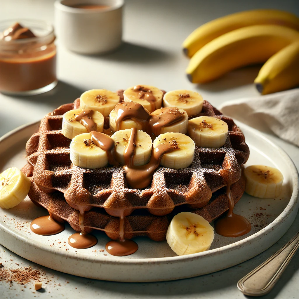 DALL·E-2024-10-29-09.54.00-A-photorealistic-high-quality-image-of-chocolate-banana-protein-waffles-on-a-white-plate-topped-with-banana-slices-and-a-drizzle-of-almond-butter.-T Healthy Protein-Packed Waffle Recipes: Easy and Delicious Breakfast Options