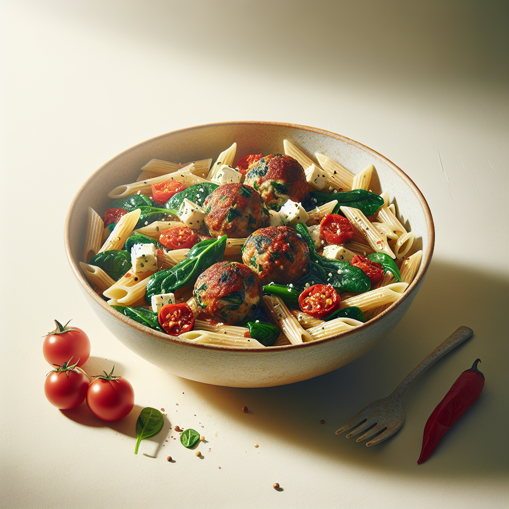 Hearty Spinach and Feta Turkey Meatballs with Whole Wheat Penne and Roasted Red Pepper Sauce