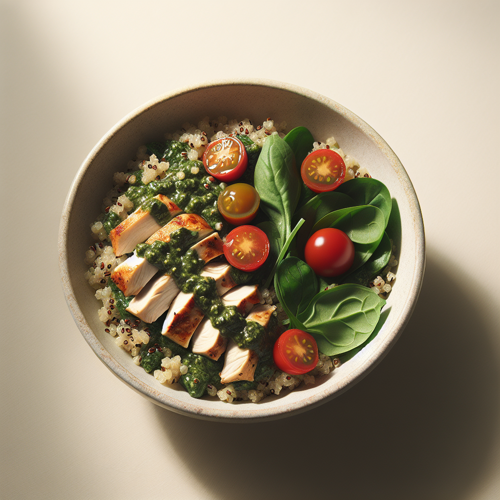 How to Make Pesto Chicken and Quinoa Bowls with Spinach and Cherry Tomatoes