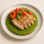 Savory Basil and Spinach Protein Pancakes with Grilled Chicken and Tomato Salad
